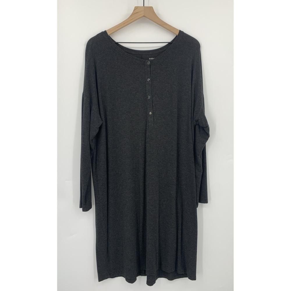 Eileen Fisher Dress Womens XL Gray Henley Tunic Swing Italian Fabric Stretch‎